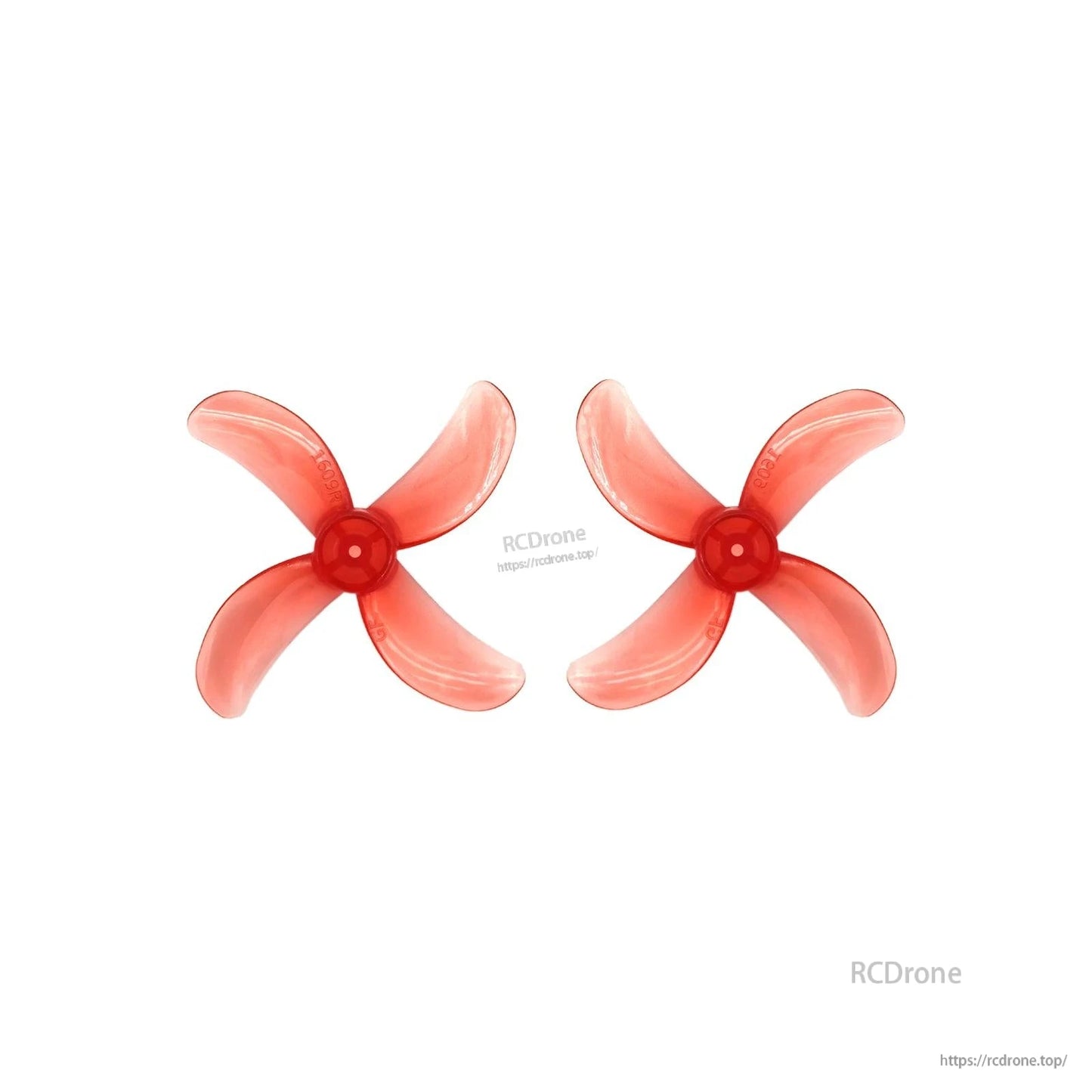 Red translucent 4-blade propeller pair, top view