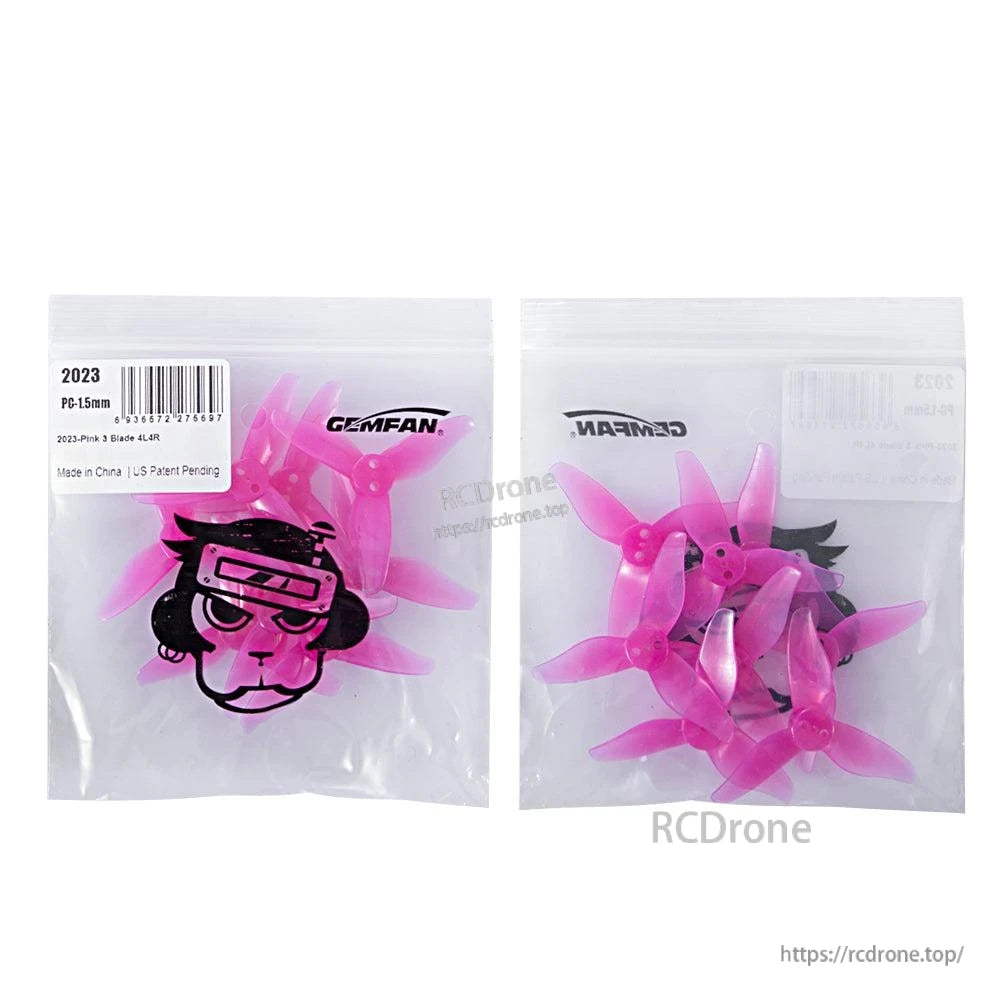 Retail bag packaging showing Gemfan 2023-3 propeller set inside, front and back views