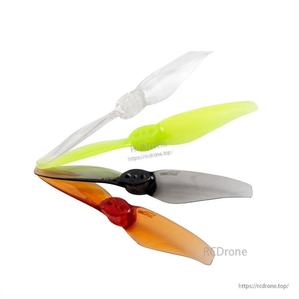 Propeller color options shown together: clear, neon green, smoke gray, and orange toothpick props
