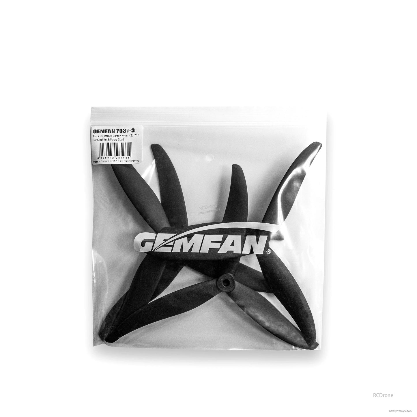Gemfan 7037-3 propeller set in retail bag, packaging label visible with model number and barcode