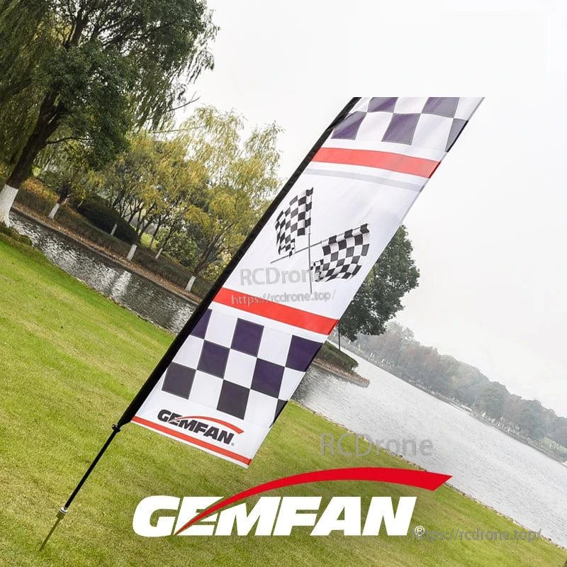 Close view of the feather flag fabric showing checkered design and Gemfan logo on the lower panel
