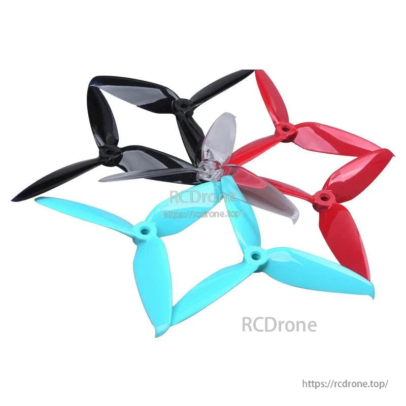 Gemfan Flash 5552-3 PC 3-blade propeller set shown in four colors: black, red, blue, and gray