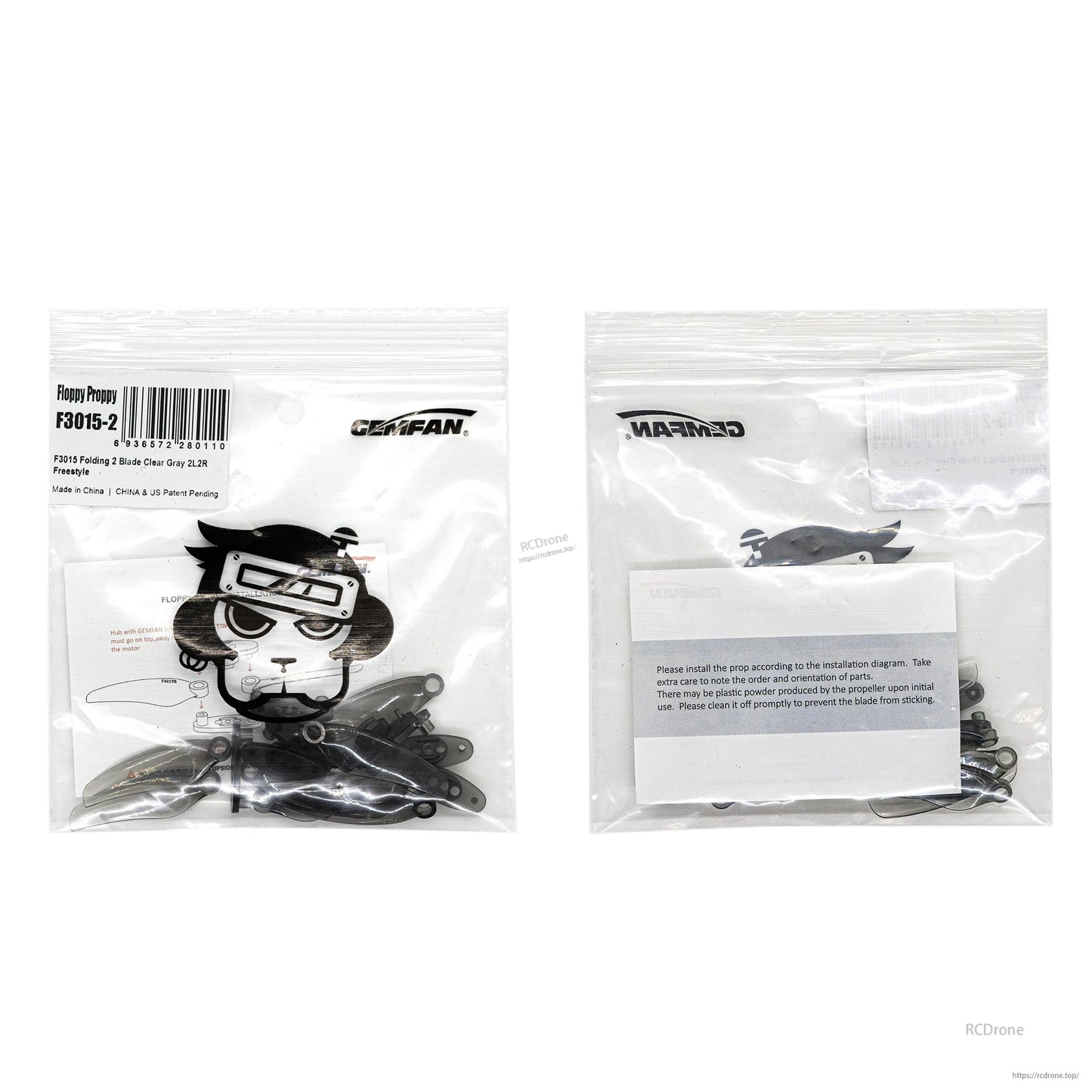 Gemfan Floppy Proppy 3015-2 retail packaging front and back, zip bag with props visible inside