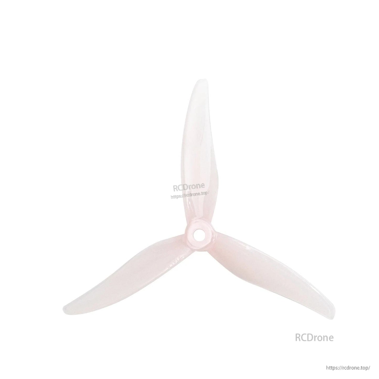 Translucent white 3-blade 5-inch drone propeller, top view showing hub and blade shape