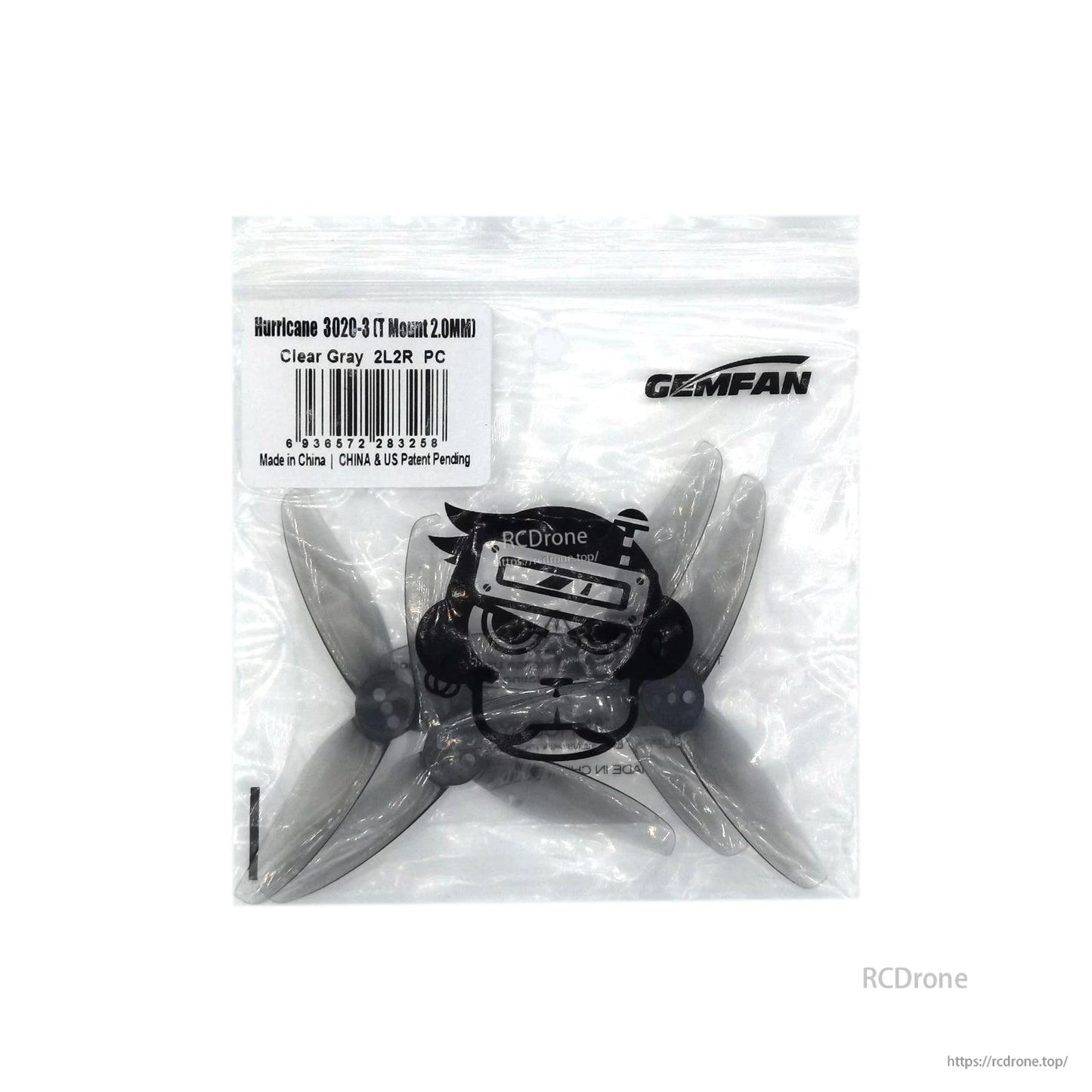Gemfan zip bag label close-up for Hurricane 3020-3 clear gray props, showing T-mount 2.0mm