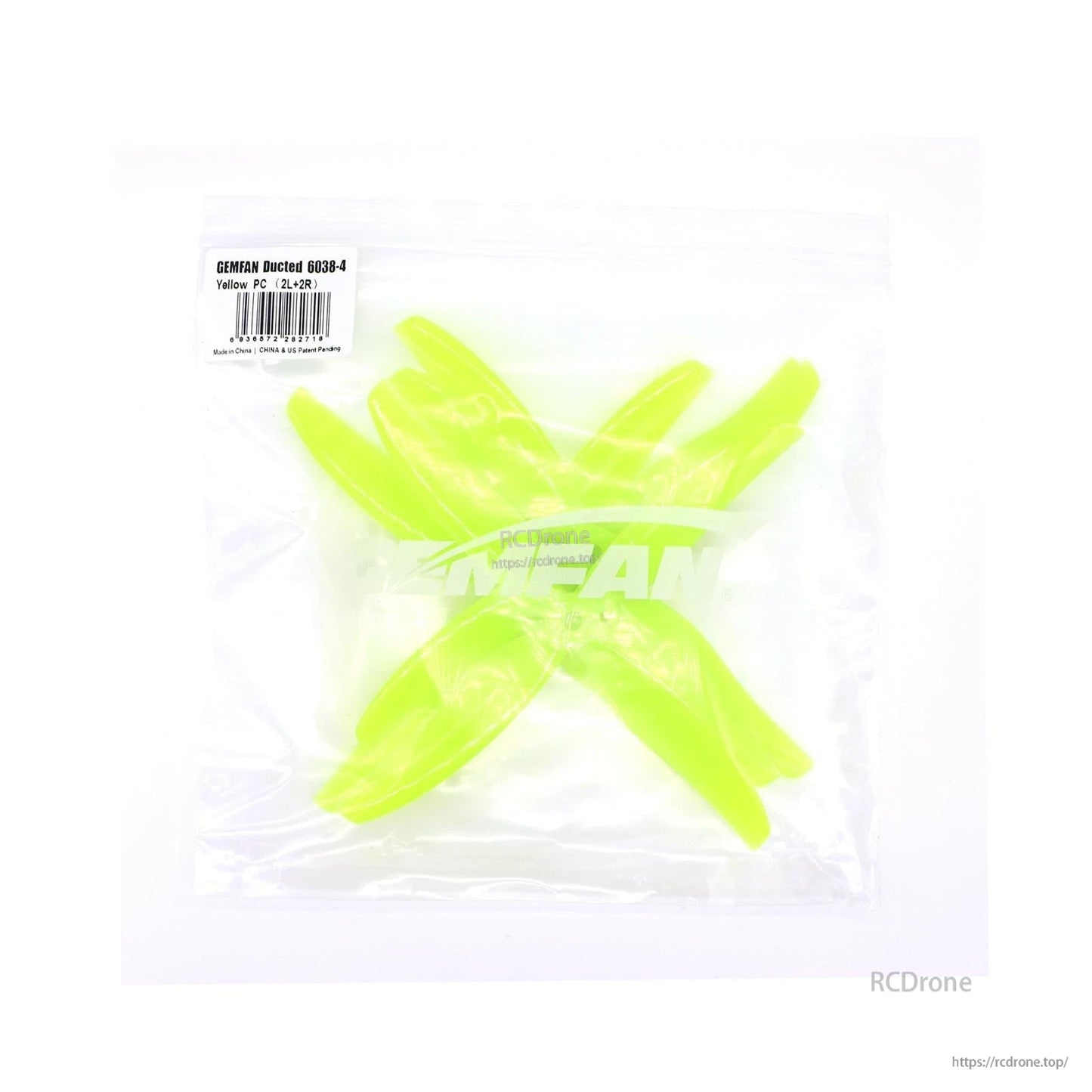 Gemfan 6038-4 propellers in bag, label reads Yellow PC (2L+2R) with barcode