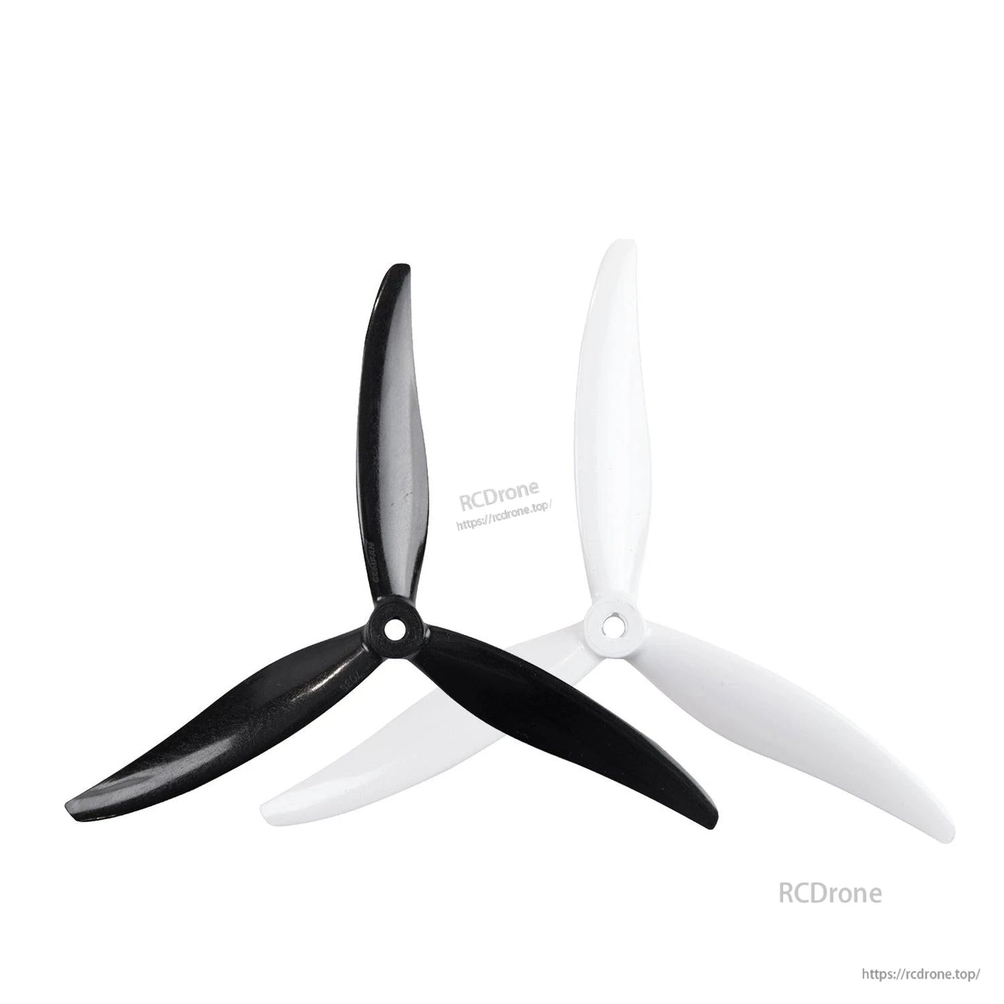 Gemfan Hurricane 7035-3 tri-blade propellers shown in black and white for color comparison