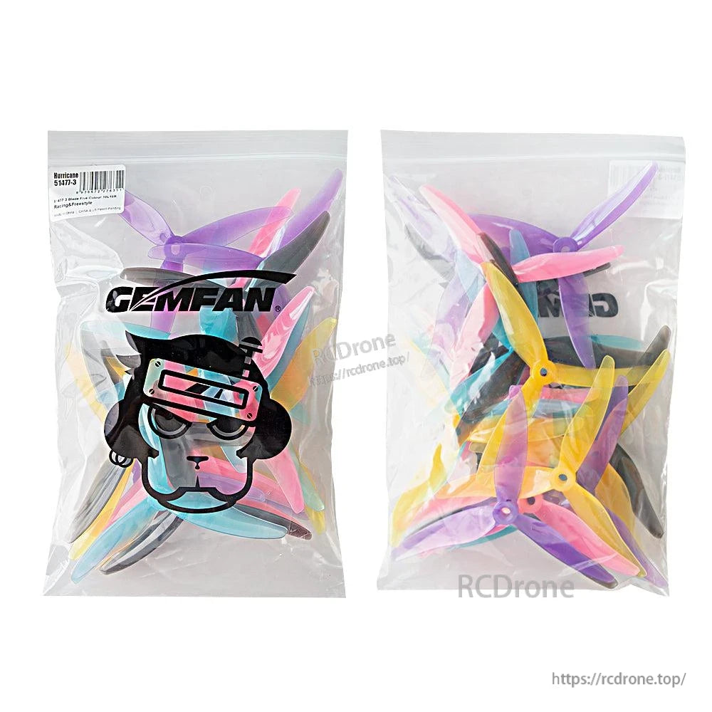 Gemfan propeller set in clear retail bags, front and back views showing mixed colors