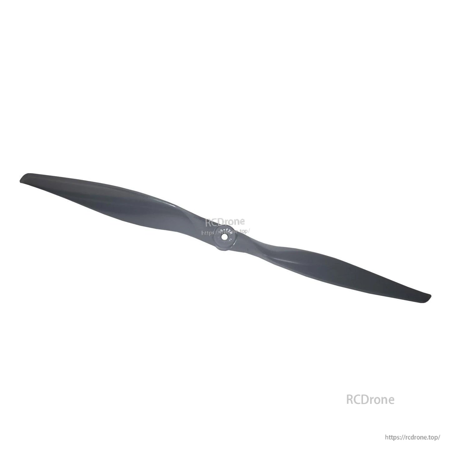Diagonal top view of black two-blade propeller showing hub detail and blade curvature