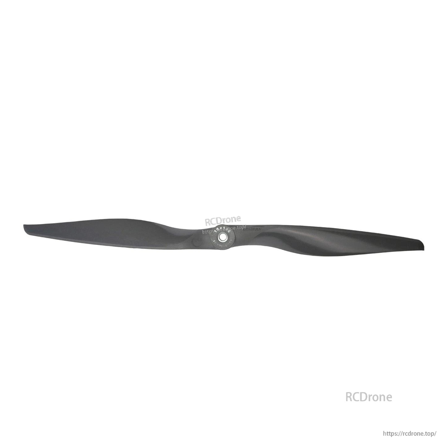 Top view of dark gray two-blade propeller highlighting hub markings and 6.35mm center hole