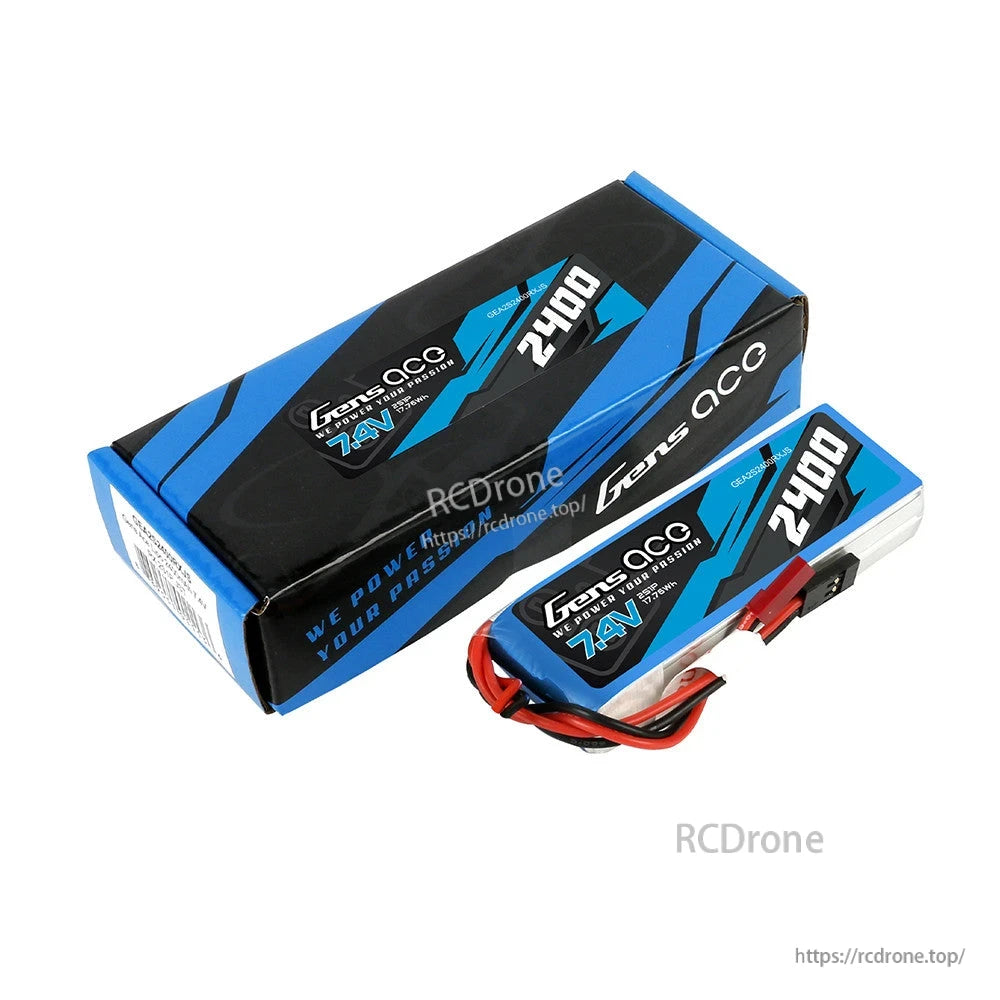 Gens Ace 2400mAh 2S 7.4V 2S1P LiPo Battery, Gens Ace 2400mAh 2S 7.4V LiPo battery pack with power and balance leads next to branded retail box