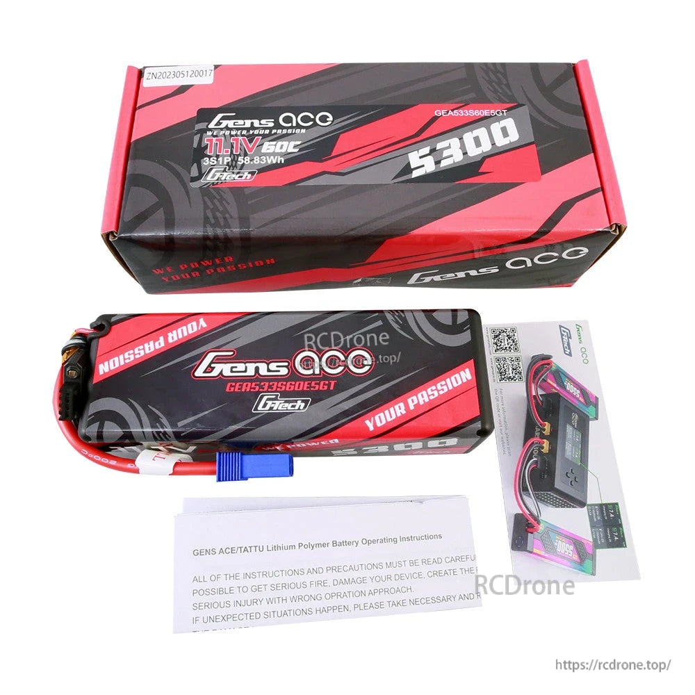 Gens Ace 5300mAh 11.1V 60C hardcase LiPo battery pack with leads, box and instruction cards