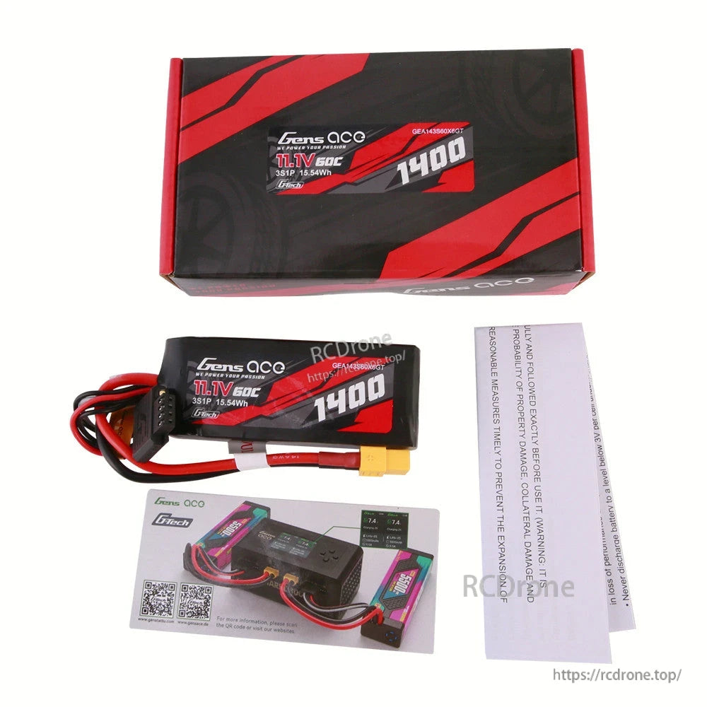 Gens ace 1400mAh 3S 60C 11.1V G-Tech LiPo Battery, Gens ace 1400mAh 3S 11.1V 60C G-Tech LiPo battery with XT60-style plug, balance lead, and box