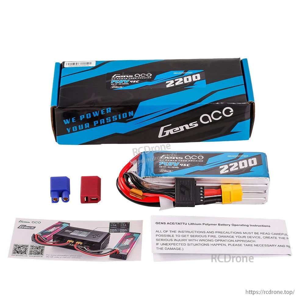Gens ace 2200mAh 4S 45C 14.8V G-Tech LiPo Battery, Gens ace 2200mAh 4S 14.8V 45C LiPo battery pack with yellow XT60-style plug, balance lead, and box