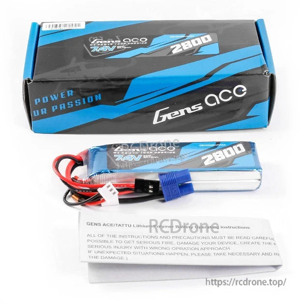 Gens ace 2800mAh 2S1P 7.4V RX LiPo Battery, Gens ace 7.4V 2800mAh 2S LiPo RX battery pack with leads, blue connector, and instruction sheet