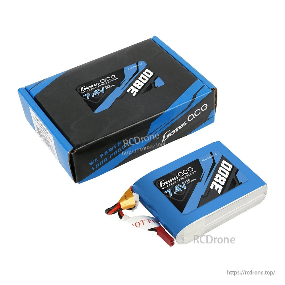 Gens ace 3800mAh 2S 7.4V TX LiPo Battery, Gens ace 3800mAh 7.4V (2S) LiPo transmitter battery pack with red JST plug and retail box