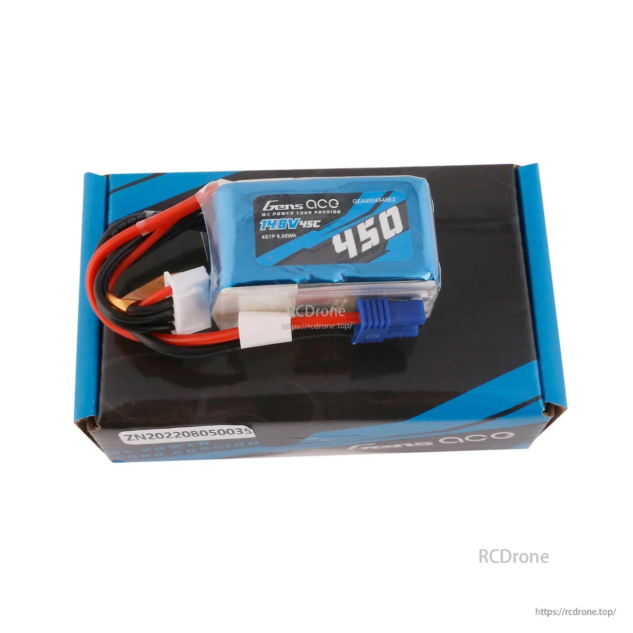 Gens ace 450mAh 4S1P 14.8V 45C LiPo Battery, Gens ace 450mAh 4S 14.8V 45C LiPo battery with blue main connector and white balance lead