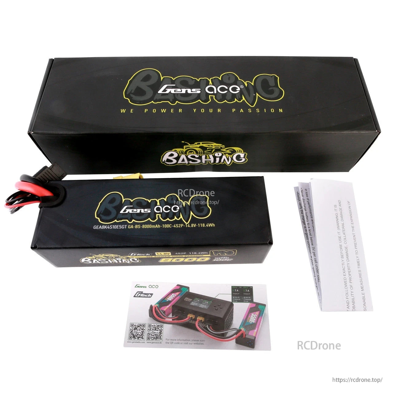 Gens ace 4S2P 8000mAh 100C 14.8V LiPo Battery, Gens ace Bashing 4S2P 8000mAh 14.8V 100C LiPo battery pack with power leads, box and manual