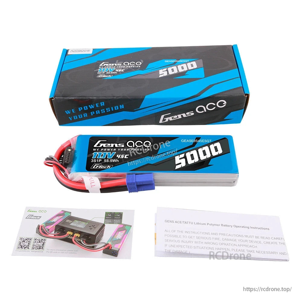 Gens ace 5000mAh 3S 11.1V 45C G-Tech LiPo battery with blue discharge plug, balance lead, and retail box