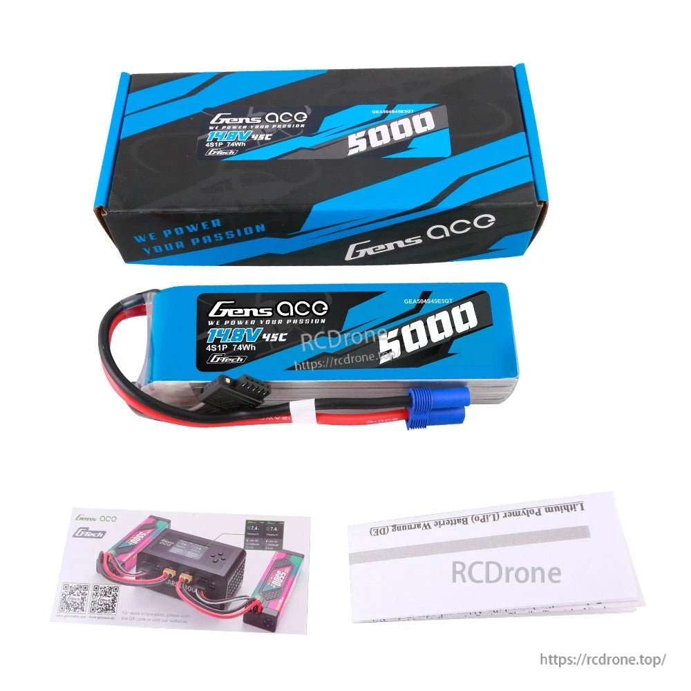 Gens ace 5000mAh 4S 45C 14.8V G-Tech LiPo Battery, Gens ace 5000mAh 4S 14.8V 45C G-Tech LiPo battery pack with EC5-style connector, balance lead, and box