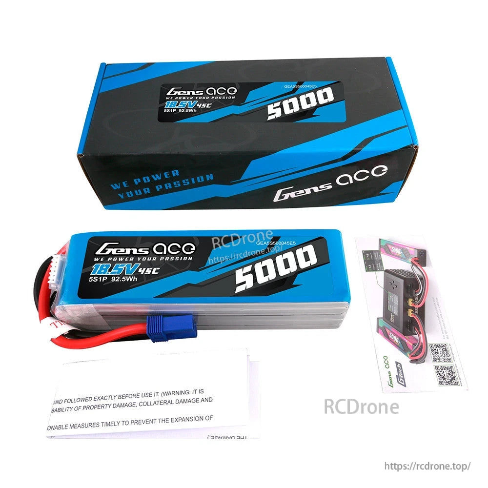 Gens ace 5000mAh 5S 18.5V 45C LiPo battery pack with blue connector, shown with branded box