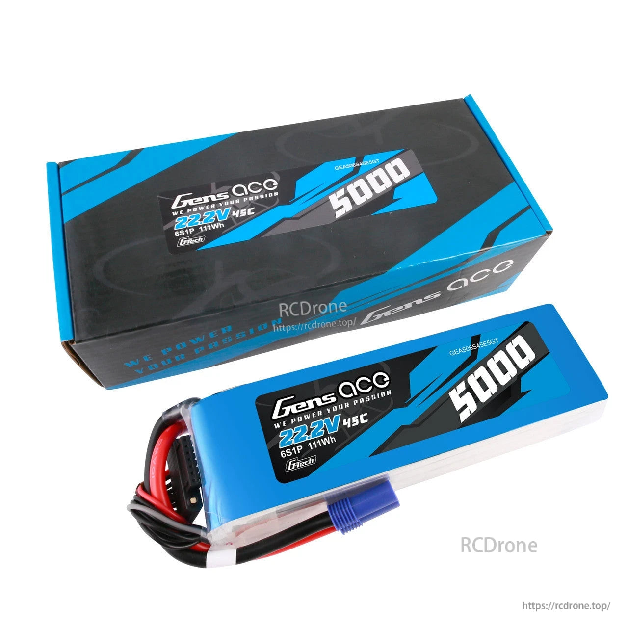 Gens ace 5000mAh 6S 45C 22.2V G-Tech LiPo Battery, Gens ace 5000mAh 6S 22.2V 45C G-Tech LiPo battery pack with attached leads and retail box