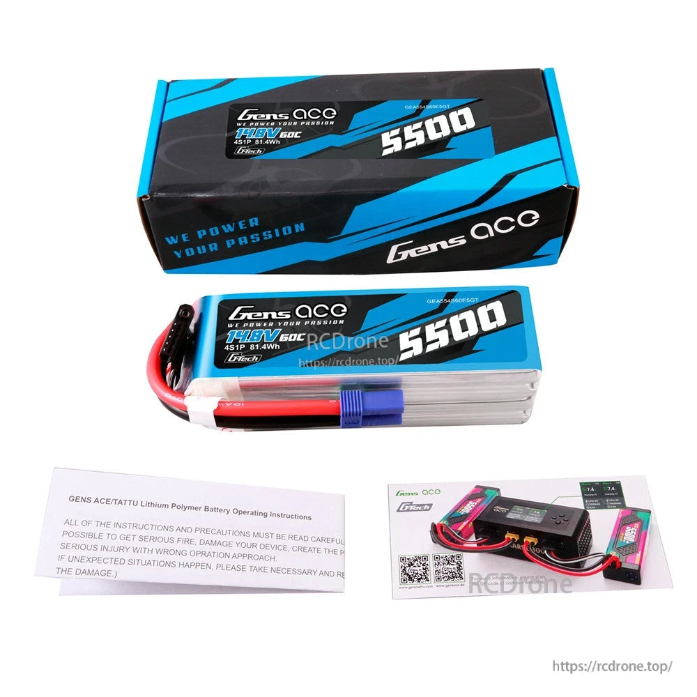 Gens ace 5500mAh 4S 14.8V 60C G-Tech LiPo Battery, Gens ace 5500mAh 14.8V 4S 60C LiPo battery with blue high-current plug, balance lead, and retail box