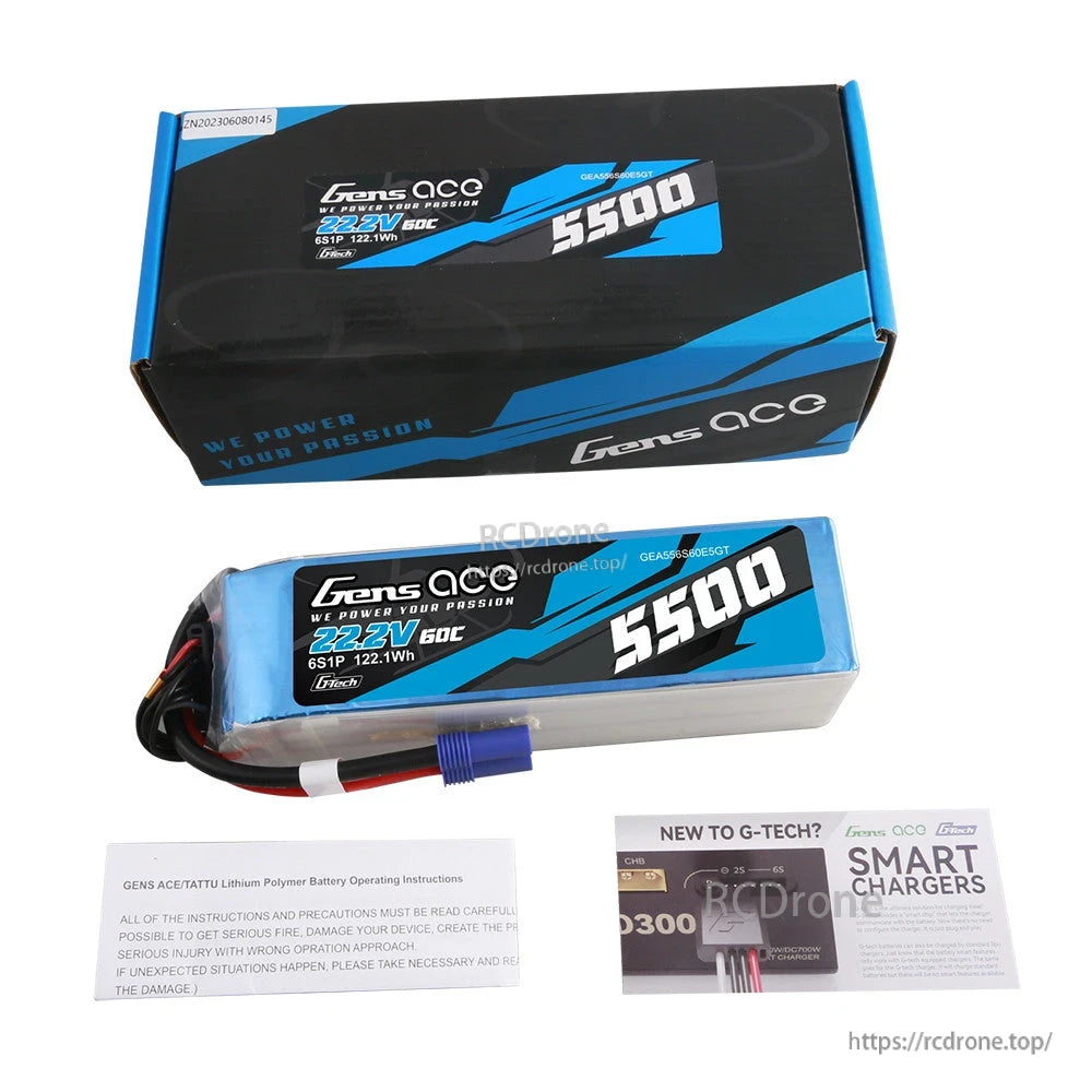 Gens ace 5500mAh 6S 22.2V 60C G-Tech LiPo Battery, Gens ace 6S 22.2V 5500mAh 60C G-Tech LiPo battery pack with blue connector, box, and instruction leaflets
