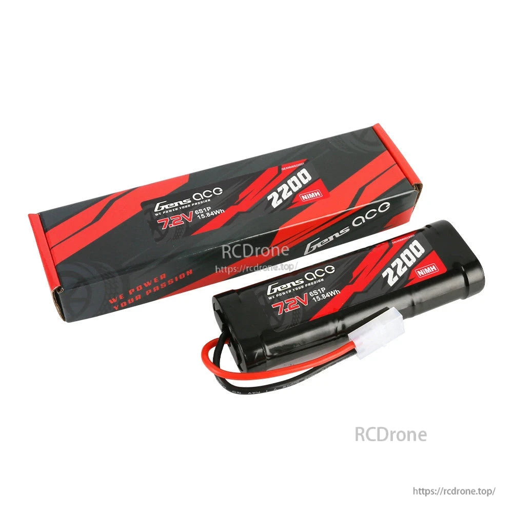 Gens ace 7.2V 2200mAh 6-Cell NiMH Battery, Gens ace 7.2V 2200mAh NiMH battery pack with wired lead and white connector alongside retail box