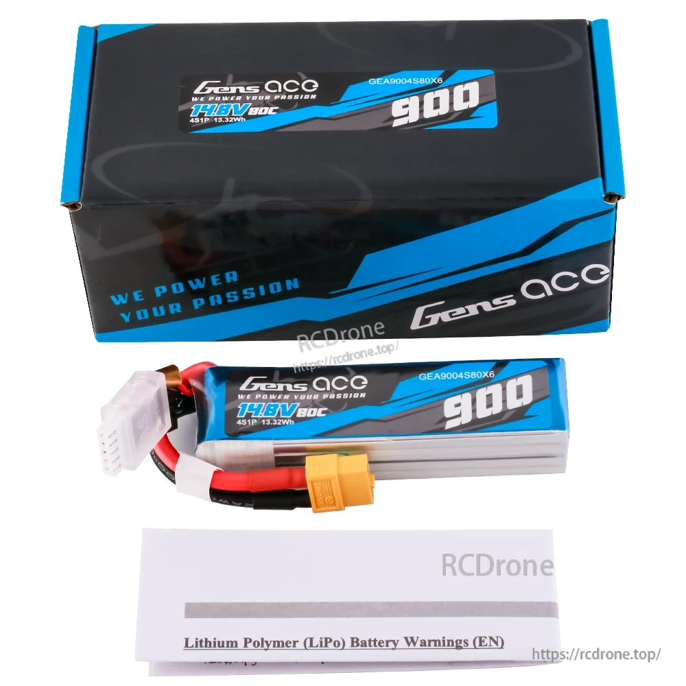 Gens ace 900mAh 4S1P 14.8V 80C LiPo Battery, Gens ace 900mAh 4S 14.8V 80C LiPo battery pack with XT60-style plug, balance lead, and retail box