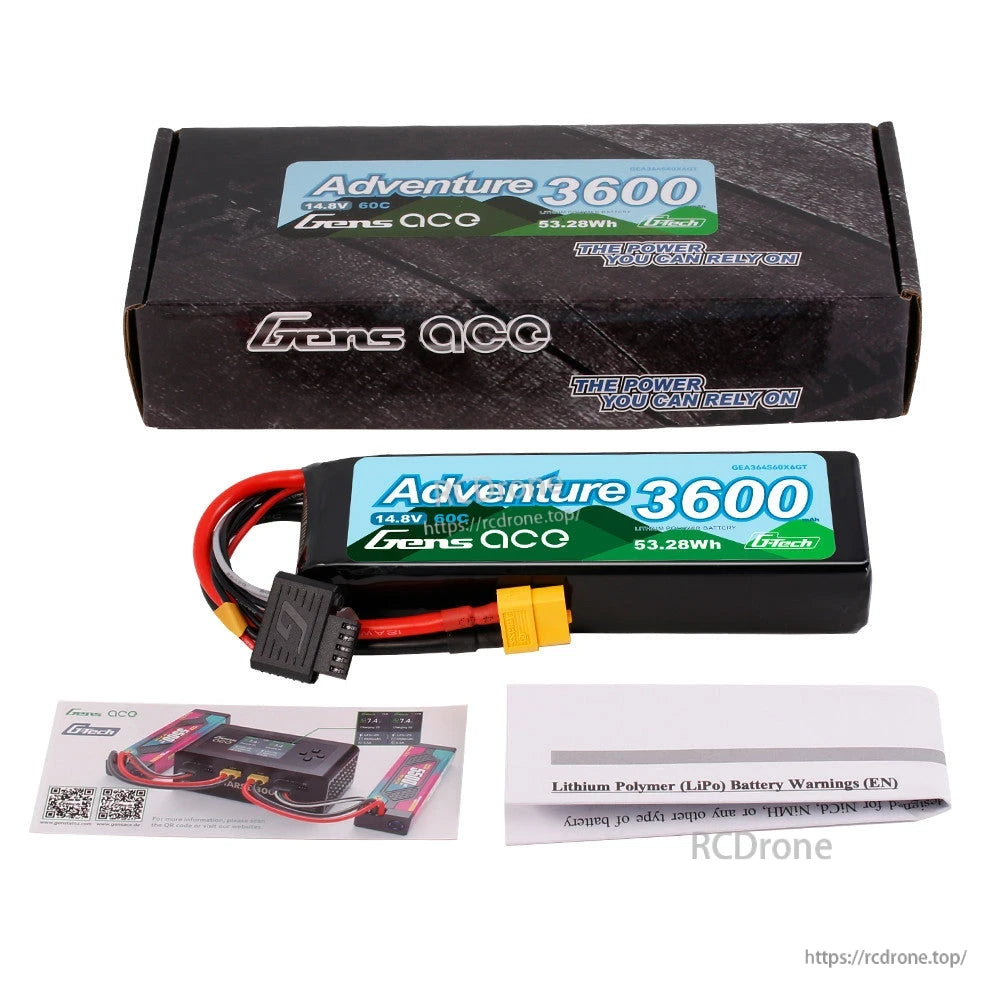 Gens ace Adventure 3600mAh 4S 14.8V LiPo battery pack with XT60 plug, balance lead, and box