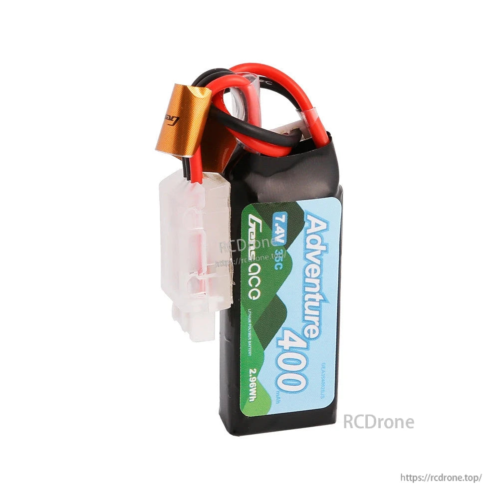 Gens ace Adventure 400 2S LiPo battery pack with 7.4V 35C label, prewired leads and white JST plug