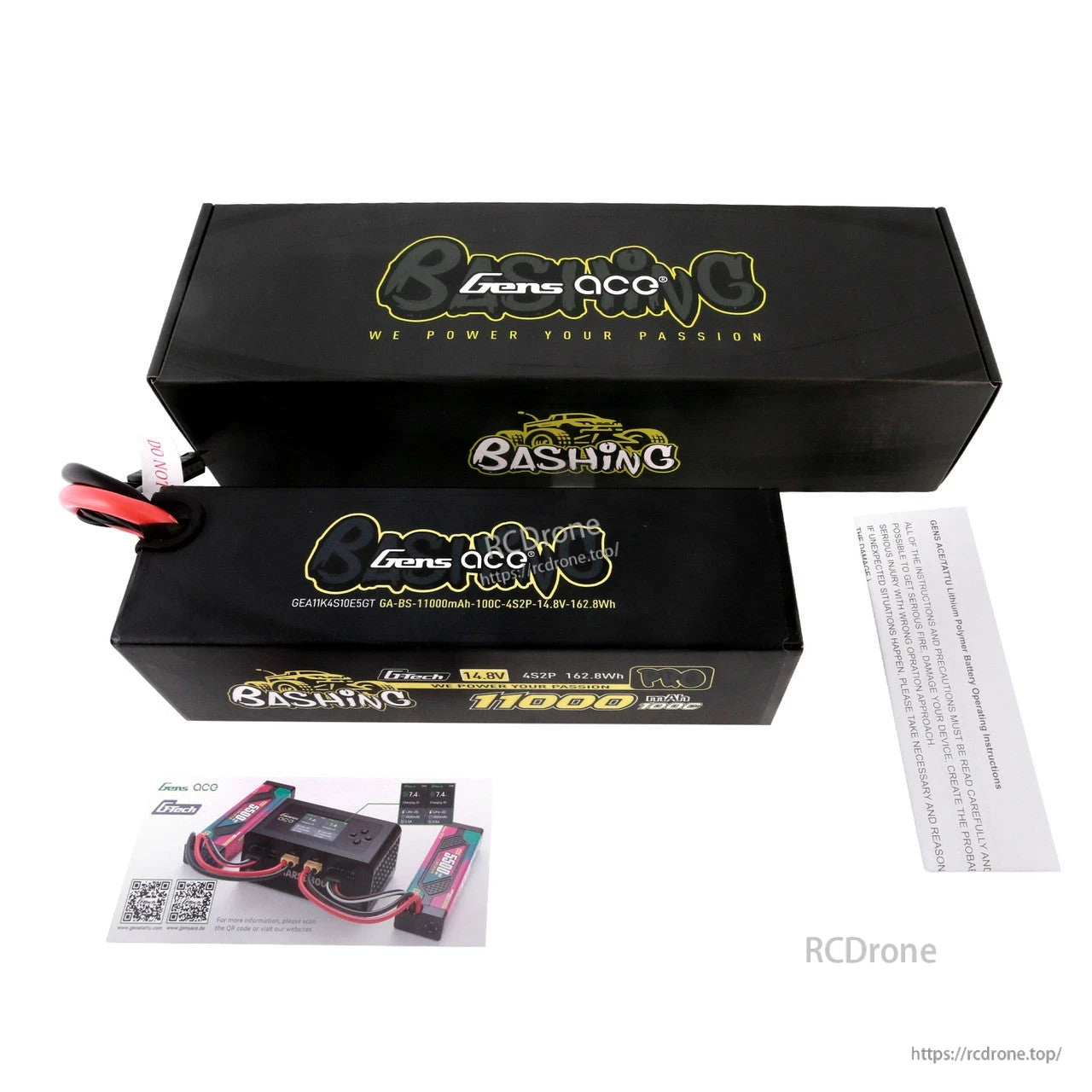 Gens ace Bashing Pro LiPo battery packaging labeled 4S 14.8V 11000mAh 100C with included leads and paperwork