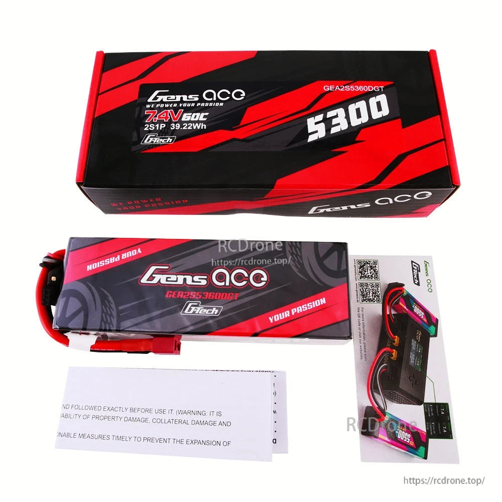 Gens ace G-Tech 5300mAh 2S 7.4V 60C hardcase LiPo battery pack with Deans-style plug, box and manual