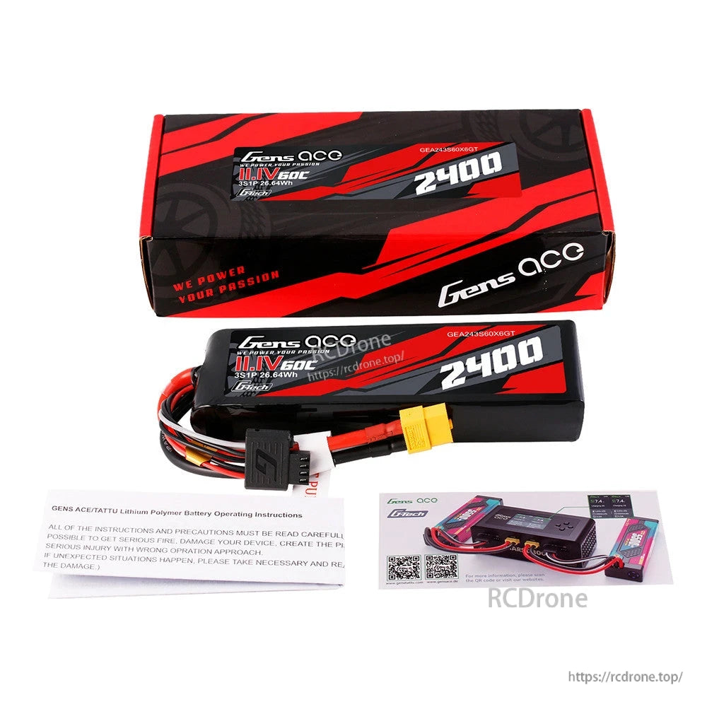 Gens ace G-Tech LiPo Battery, Gens ace G-Tech 11.1V 2400mAh 60C LiPo battery pack with XT60 plug, balance lead, and retail box