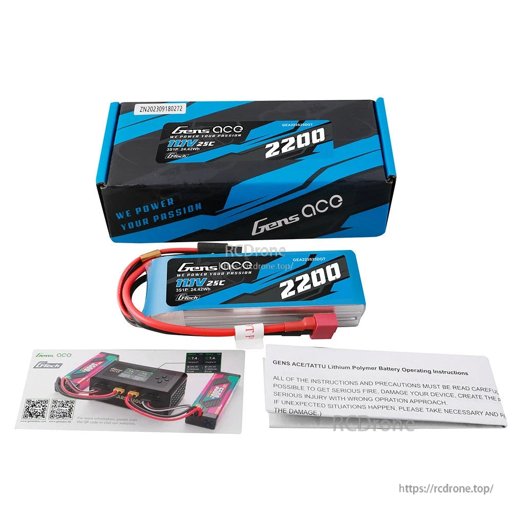 Gens ace G-Tech 2200mAh 3S 11.1V 25C LiPo battery with box and instruction leaflets