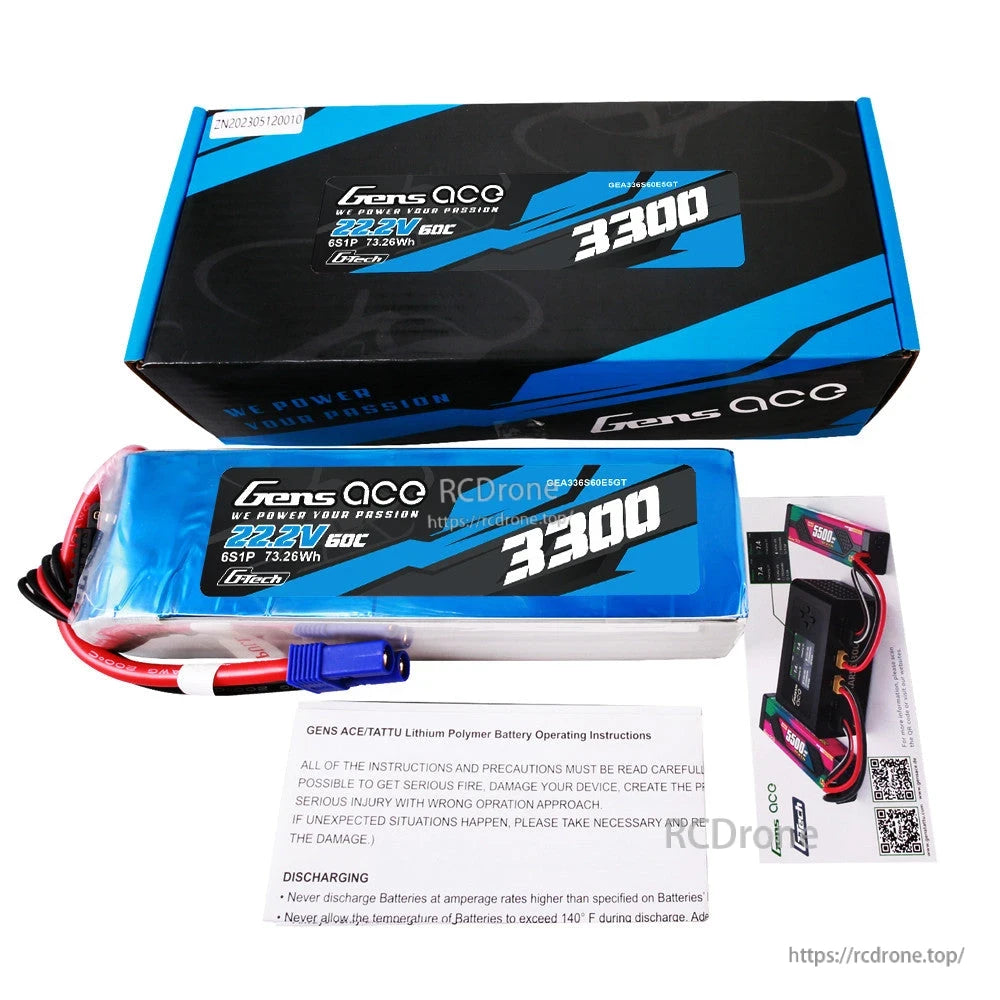 Gens ace 3300mAh 6S 22.2V 60C LiPo battery pack with blue EC5 connector, retail box and instructions