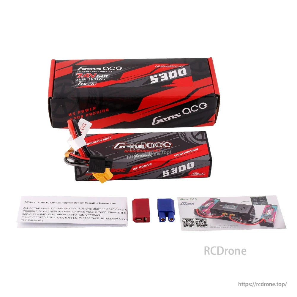 Gens ace 5300mAh 2S 7.4V hardcase LiPo battery pack with lead wires, retail box, and EC3/Deans adapters