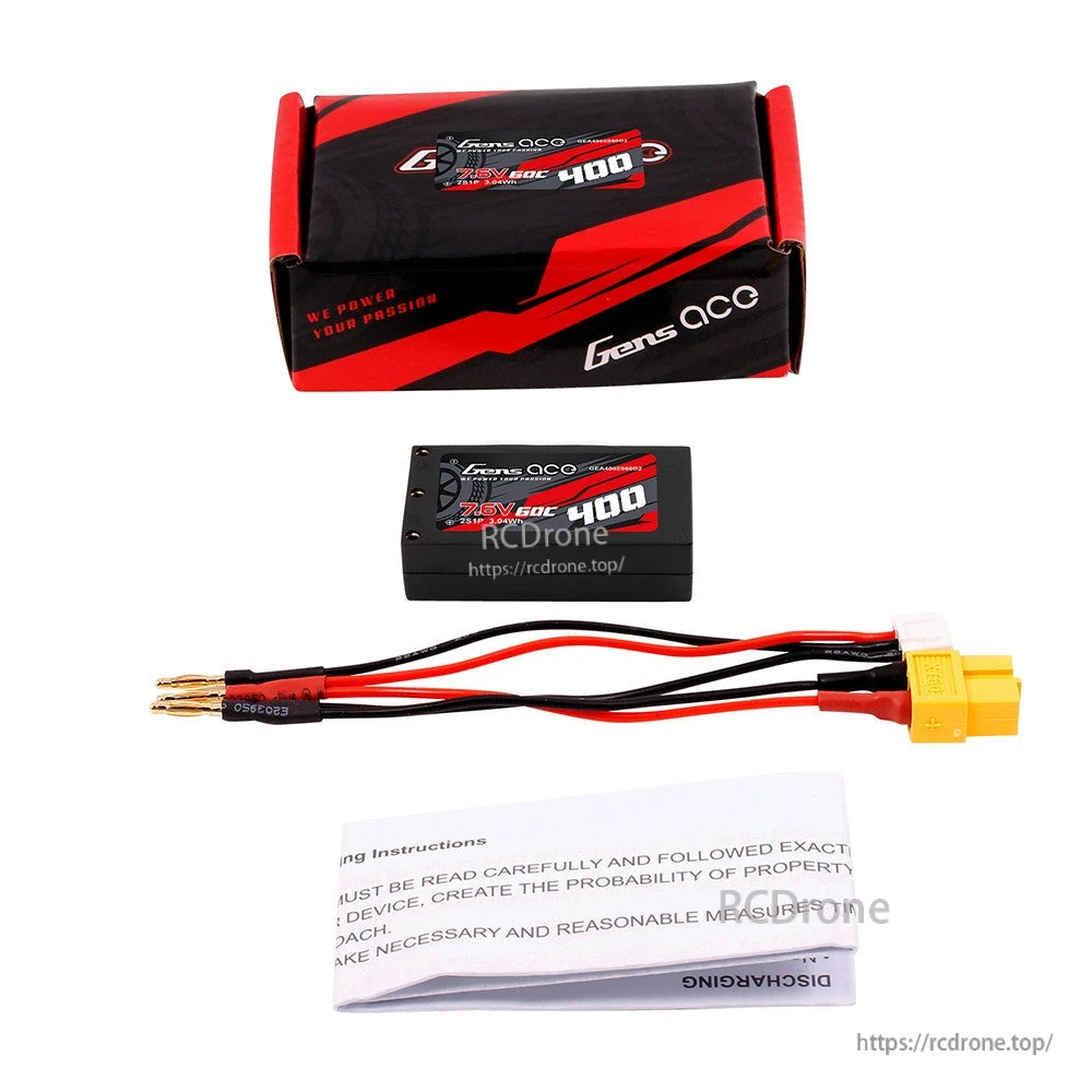 Gens ace LiPo Battery, Gens ace 7.6V 400mAh LiPo battery with adapter lead, safety instructions, and branded box