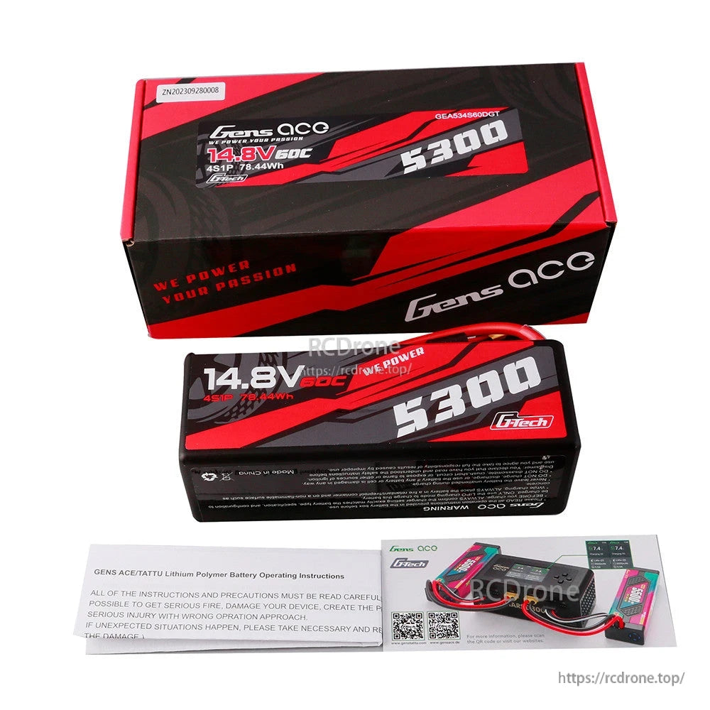 Gens ace LiPo Battery, Gens ace 5300mAh 4S 14.8V 60C hardcase LiPo battery with retail box and operating instructions