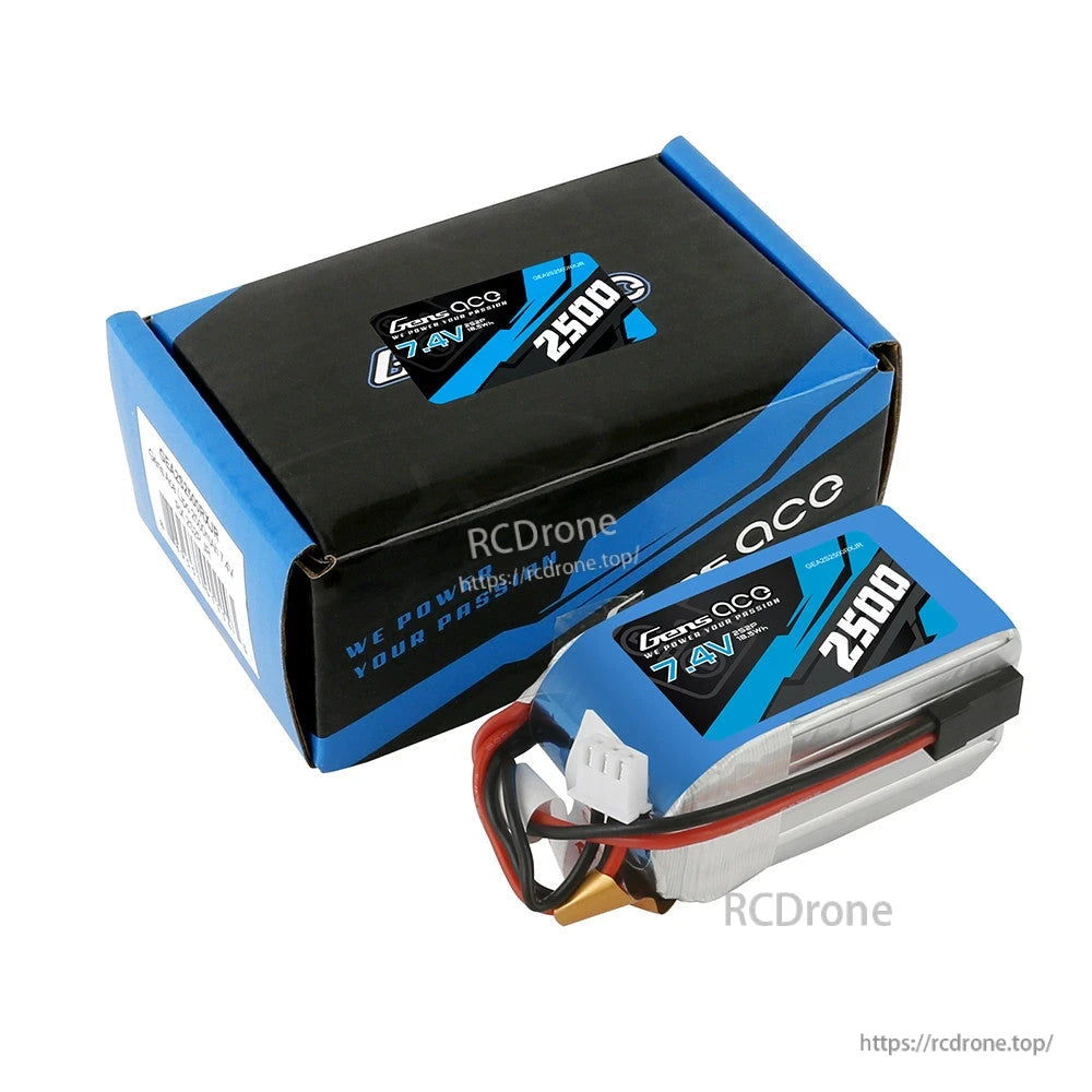 Gens ace LiPo Battery, Gens ace 7.4V 2500mAh LiPo battery pack with XT60-style power lead and white balance connector