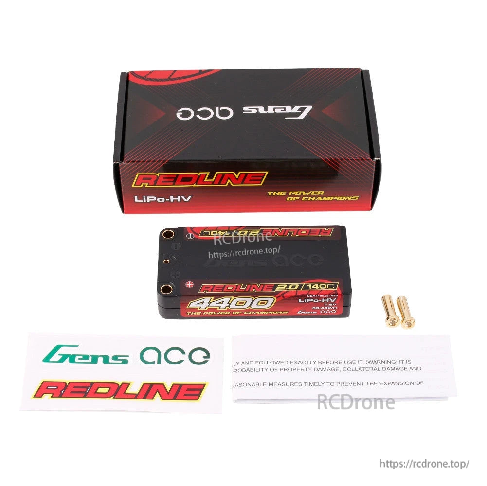 Gens ace Redline 2.0 4400mAh 2S 7.6V LiPo-HV shorty hardcase battery with 5.0mm bullet connectors