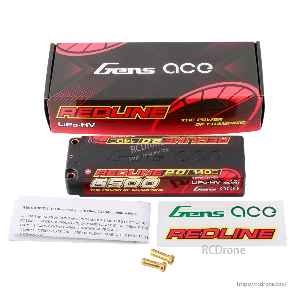 Gens ace Redline 2.0 6500mAh 2S 7.6V 140C hardcase LiPo-HV battery with box, stickers and 5mm bullet plugs