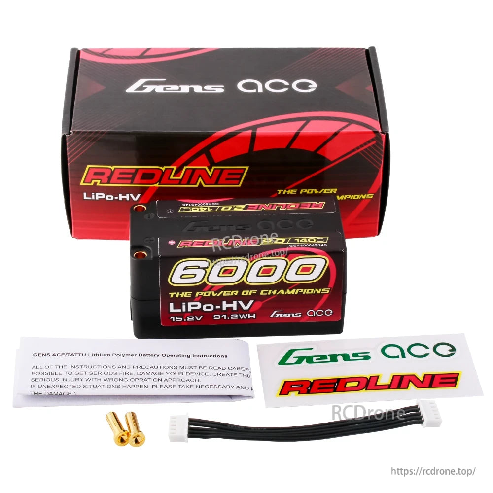 Gens ace Redline 6000mAh 4S LiPo-HV hardcase shorty battery with box, stickers, manual, and bullet plugs