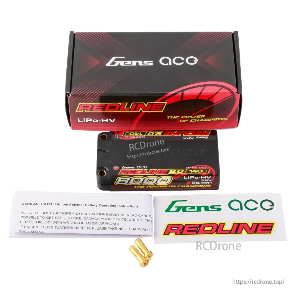 Gens ace Redline 2.0 8000mAh hardcase LiPo-HV 3.8V battery pack with box, manual and bullet connectors