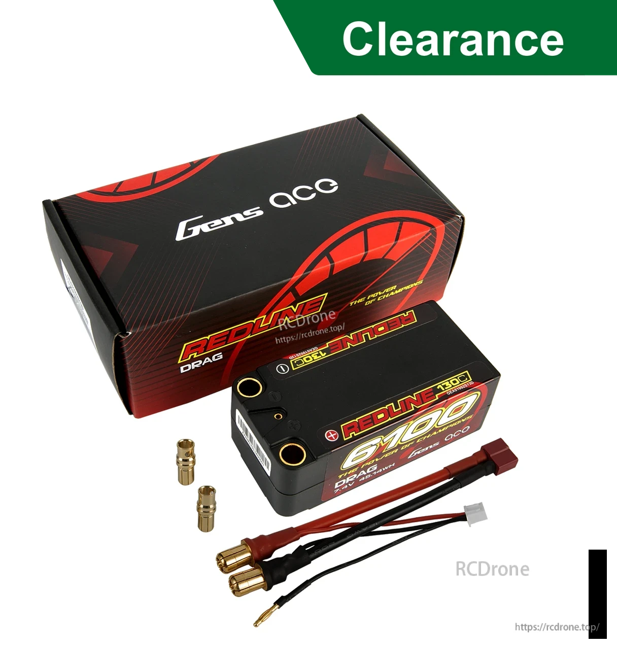 Gens ace Redline Drag Racing Series LiPo Battery, Gens ace Redline Drag LiPo battery pack labeled 6100mAh 7.6V 2S with leads, connectors, and box