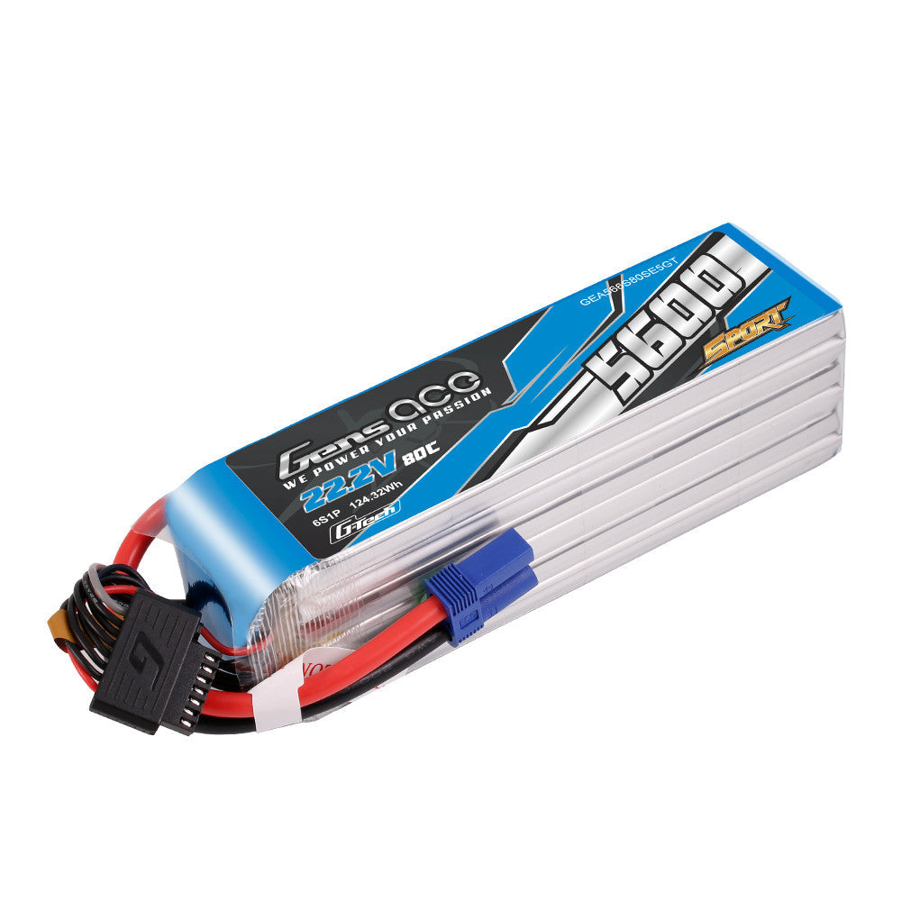 Gens ace Sport 5600mAh 6S 22.2V LiPo battery pack with blue EC5 connector and 7-pin balance lead