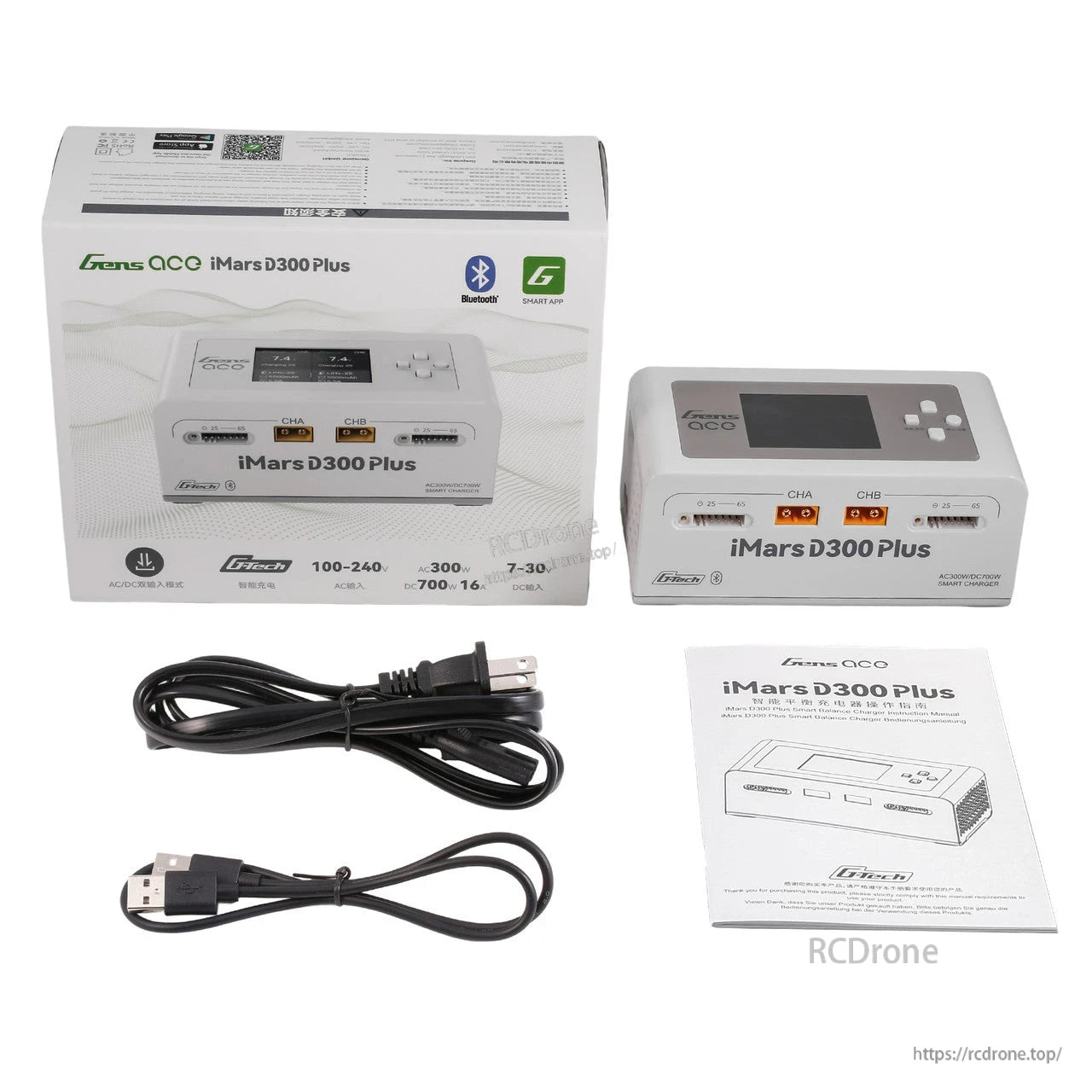 Gens ace iMars D300 Plus Smart Charger (White), Gens ace iMars D300 Plus white smart battery charger kit with dual CHA/CHB ports, box, cables, and manual