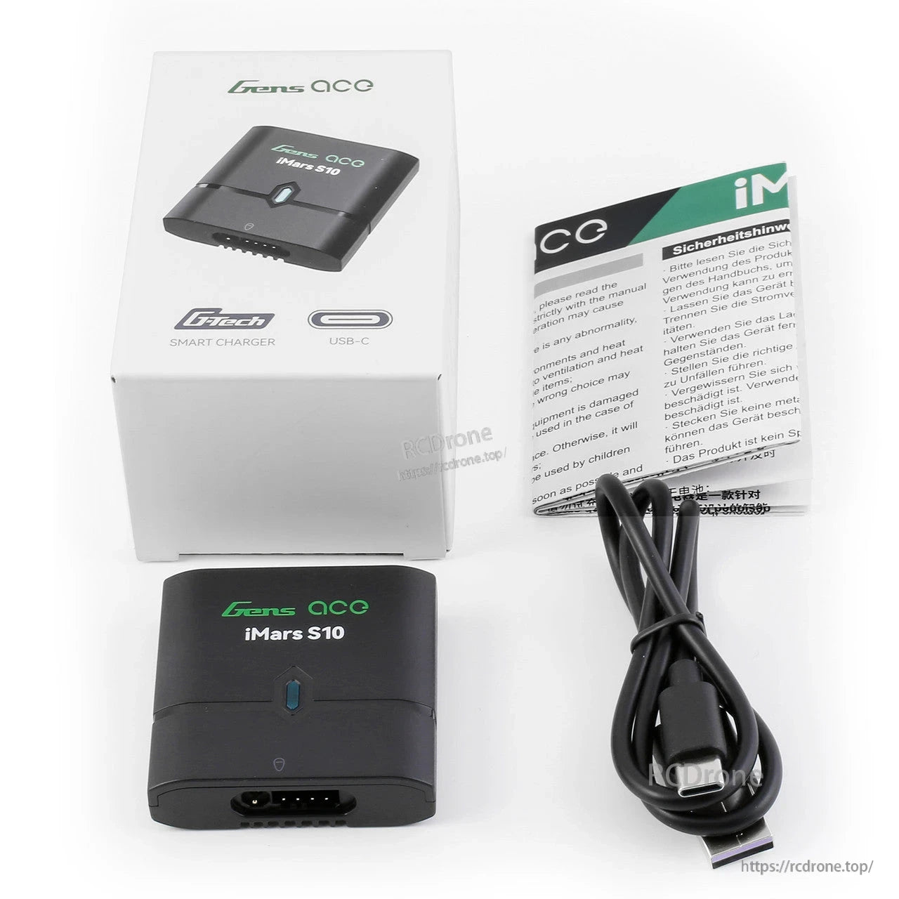 Gens ace iMars S10 portable LiPo smart charger with USB-C cable, manual, and retail box
