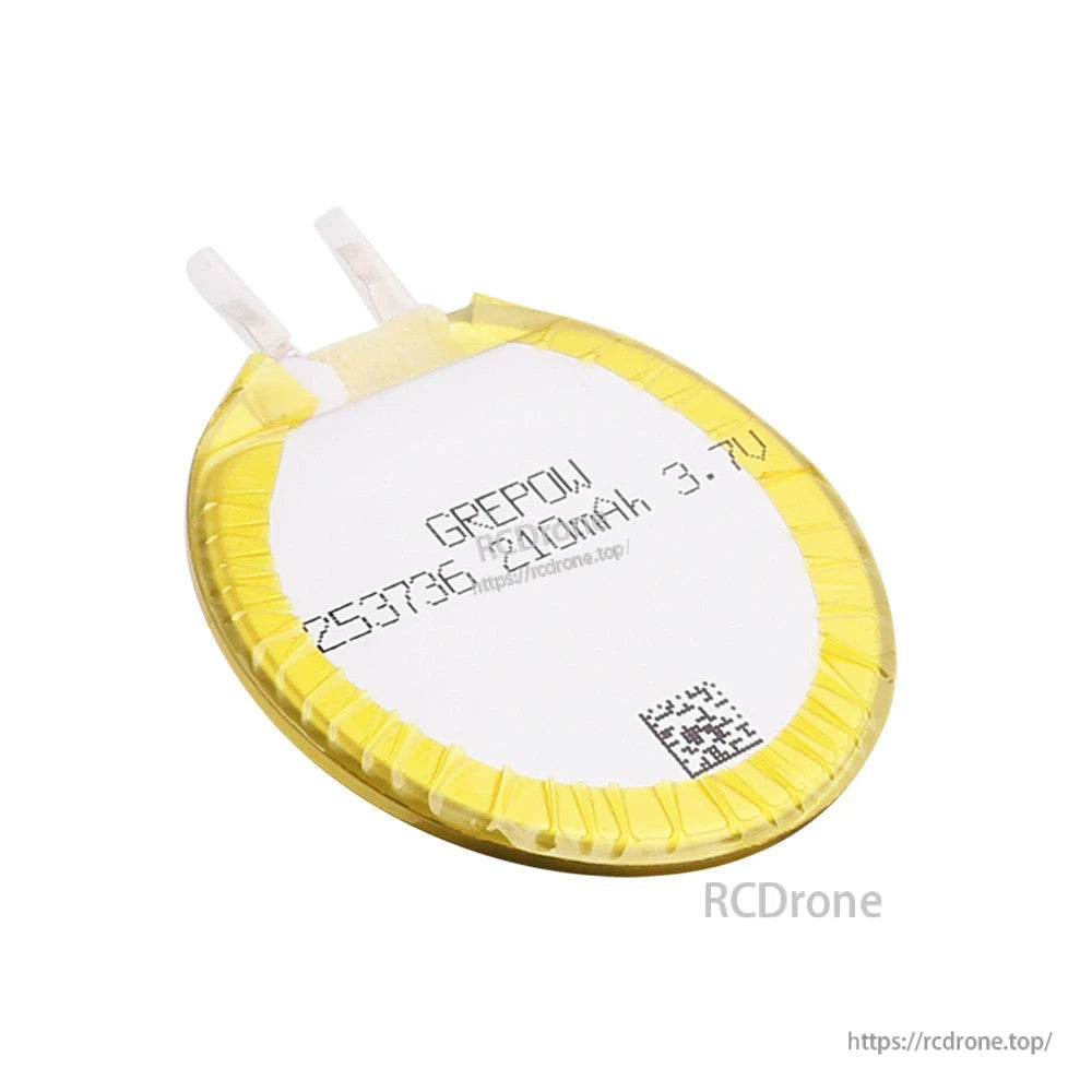 Grepow 3.7V 210mAh round LiPo battery cell with yellow wrap and two solder tabs